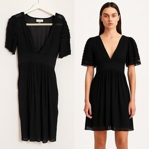 Temperley London‎ Black Sheer Ruffle Sleeve V Neck Sheath Silk Sheer Dress US4